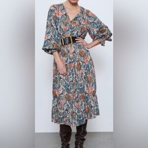 Zara Multicolor Long Sleeve Dress with Belt